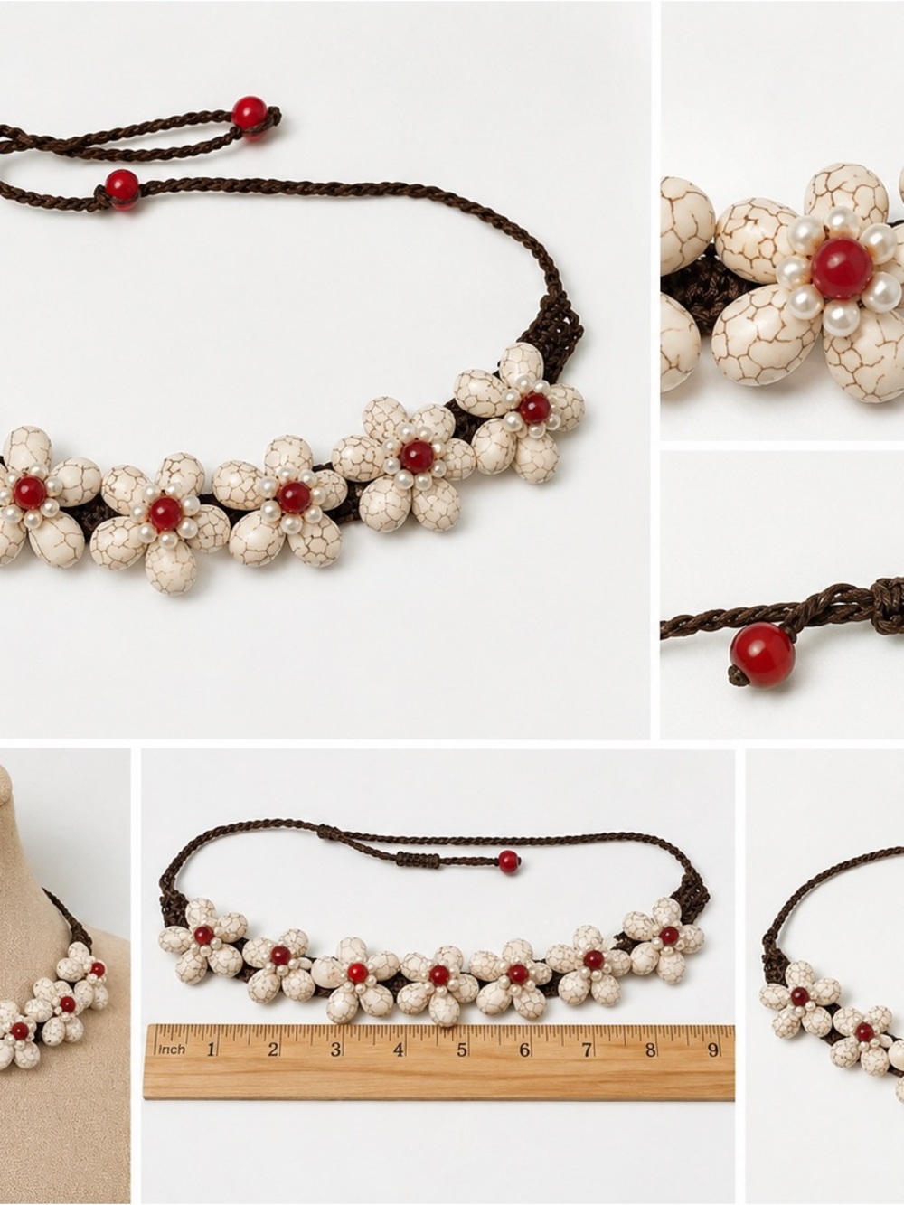 Handcrafted Floral Bead Necklace - White and Red